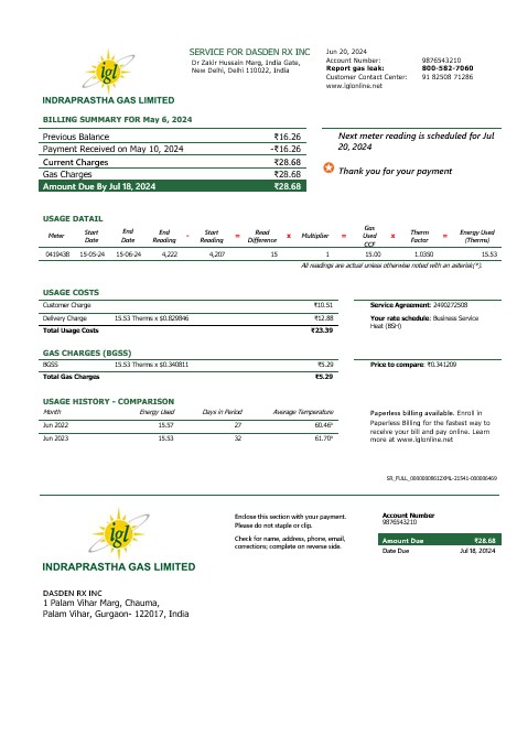 India Indraprastha Gas business utility bill template in Word and PDF formats